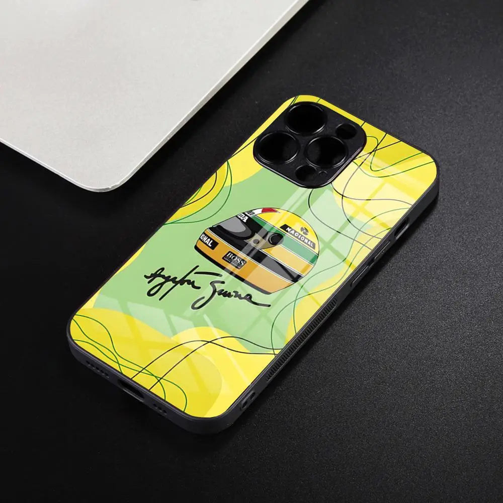 “Funda Ayrton Senna F1 para iPhone – Compatible iPhone 7/8/SE/11/12/13/14/15/16 Pro/Max – Marco de Silicona y Glass Back Cover”