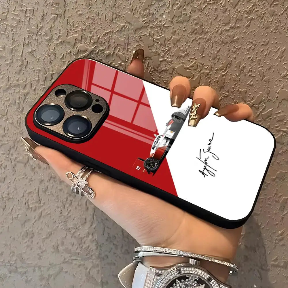 “Funda Ayrton Senna F1 para iPhone – Compatible iPhone 7/8/SE/11/12/13/14/15/16 Pro/Max – Marco de Silicona y Glass Back Cover”