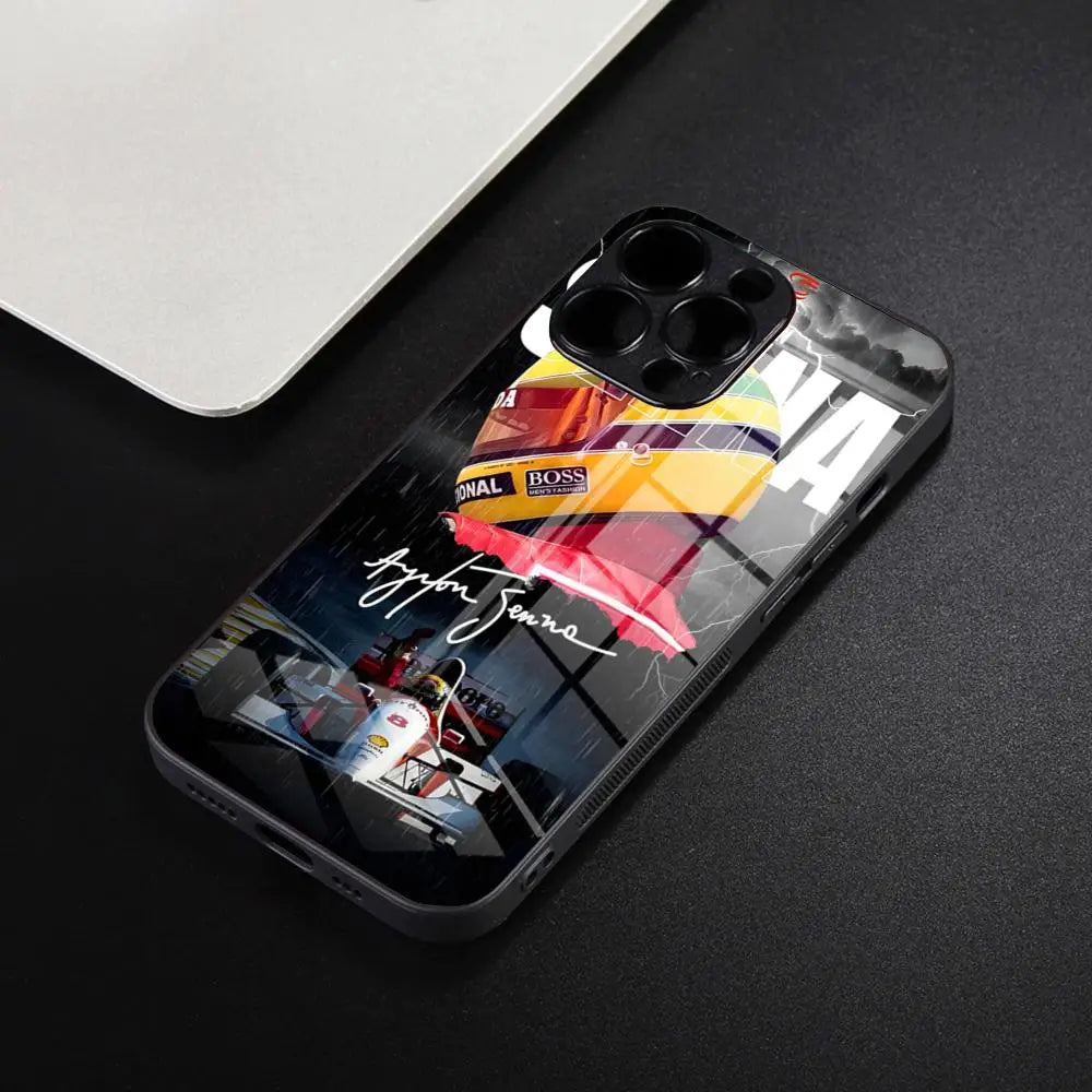 “Funda Ayrton Senna F1 para iPhone – Compatible iPhone 7/8/SE/11/12/13/14/15/16 Pro/Max – Marco de Silicona y Glass Back Cover”