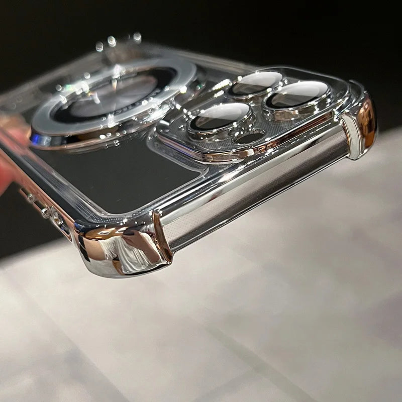 Funda Transparente con Placa de Lujo y Carga Inalámbrica Magnética para iPhone – Antigolpes y Airbag