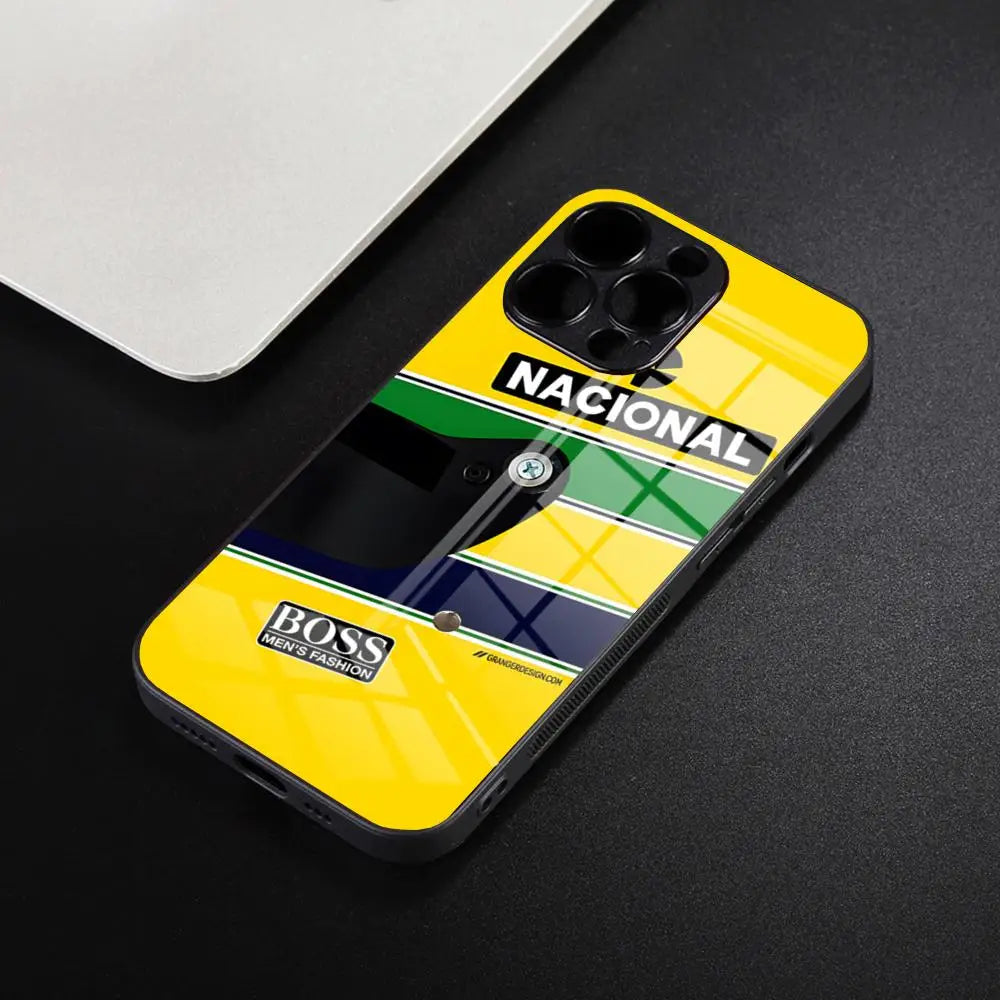 “Funda Ayrton Senna F1 para iPhone – Compatible iPhone 7/8/SE/11/12/13/14/15/16 Pro/Max – Marco de Silicona y Glass Back Cover”