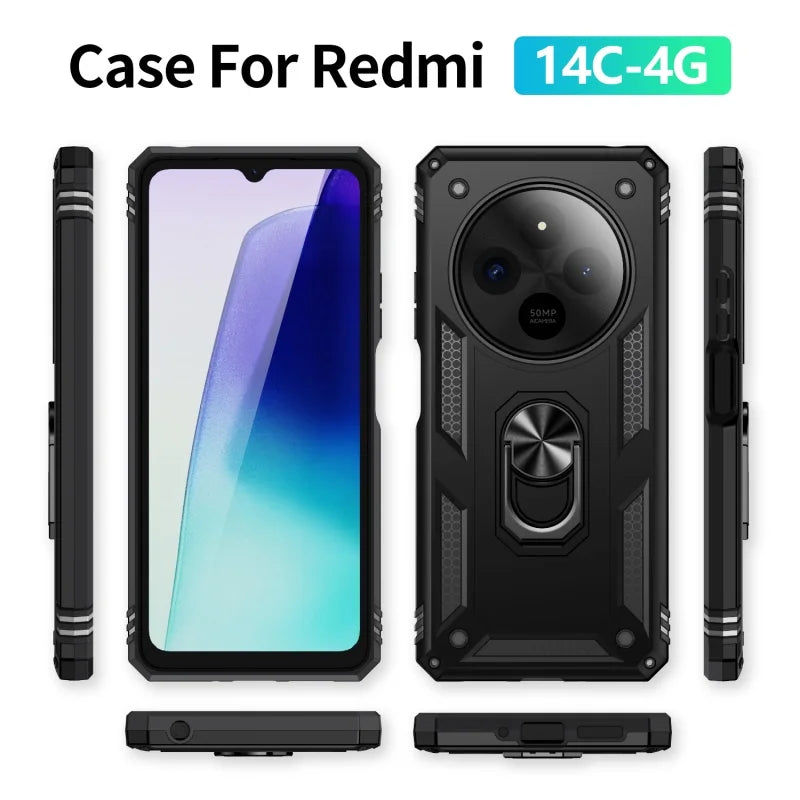 Xiaomi Redmi 14C 4G Shockproof Case – Soporte Magnético y Anillo Multifunción