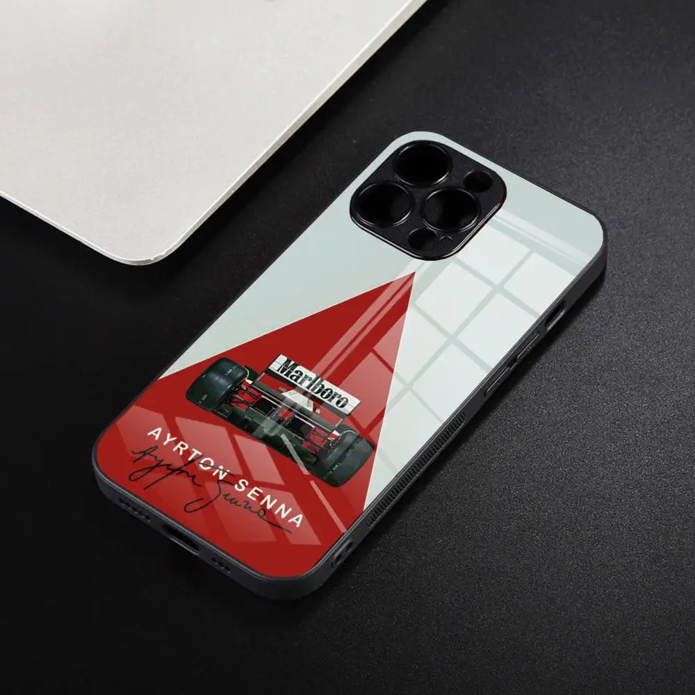 “Funda Ayrton Senna F1 para iPhone – Compatible iPhone 7/8/SE/11/12/13/14/15/16 Pro/Max – Marco de Silicona y Glass Back Cover”