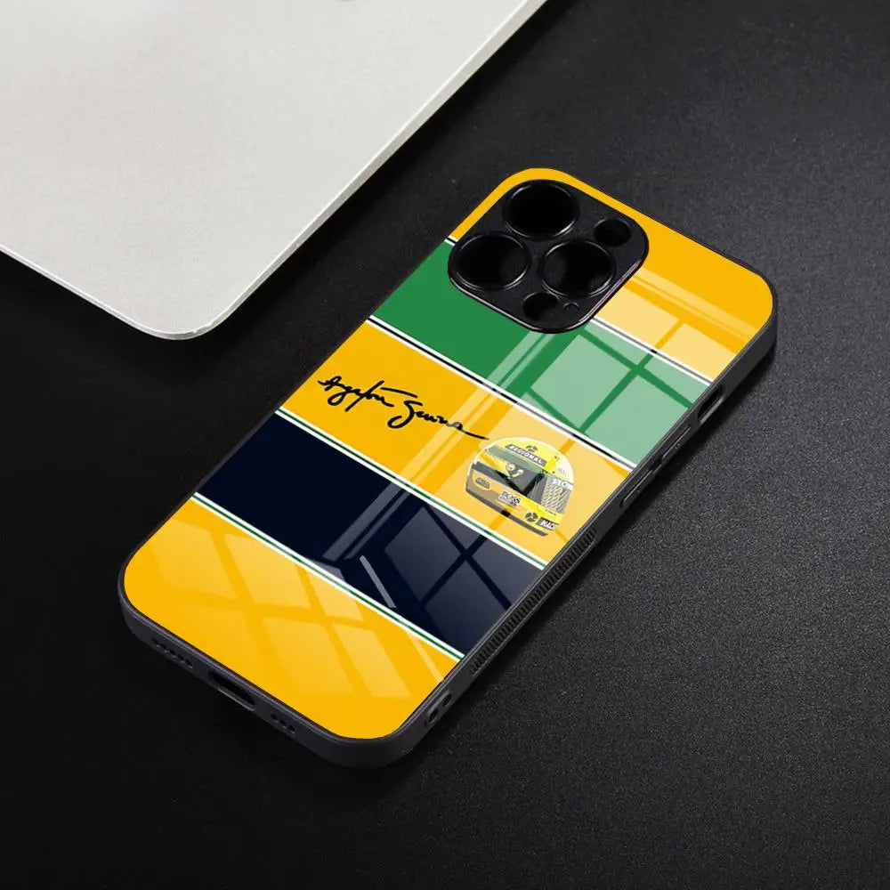 “Funda Ayrton Senna F1 para iPhone – Compatible iPhone 7/8/SE/11/12/13/14/15/16 Pro/Max – Marco de Silicona y Glass Back Cover”